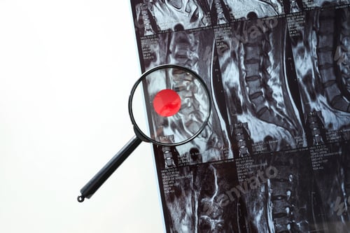 Preview: MRI or magnetic resonance imaging of the spine of a person with a lens and detected pathology.