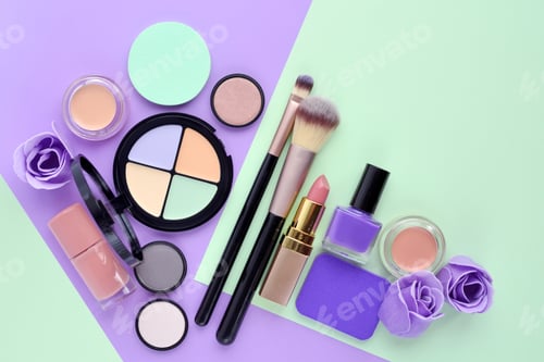Preview: Makeup brush and decorative cosmetics on color background, with