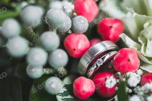 Preview: Two white gold wedding rings in casket close-up with fresh flowers for wedding ceremony