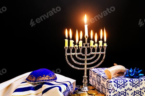 Preview: Jewish holiday joy kindling hanukkah menorah candles on holy hanukkiah