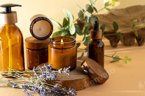 Preview: Soy candles in a glass jar. Aromatherapy. Burning candle and lavender.