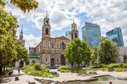 Preview: All Saints Church, Grzybowski Square Plac Grzybowski . Warsaw, Poland. houses and streets of the