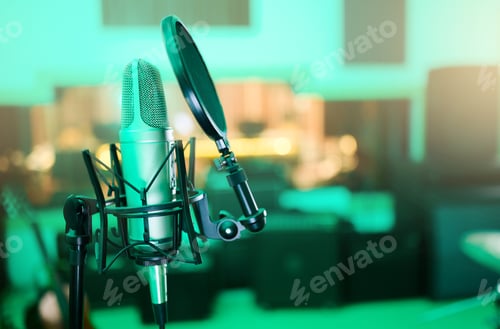 Preview: Music, audio and microphone for a singer, musician or artist in a studio for a performance. Podcast