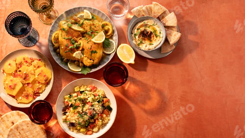Preview: oroccan cuisine border with chicken tagine, vegetable couscous, orange salad