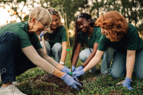Preview: Group of volunteers planting a tree in the forest