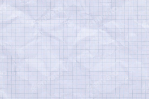 Preview: White abstract texture of crumpled checkered graph paper with blue grid, empty backdrop for overlay