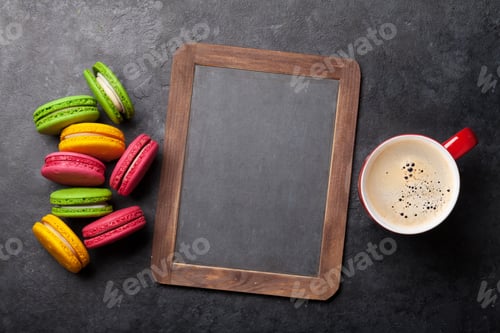 Preview: Cake macaron or macaroon sweets and coffee
