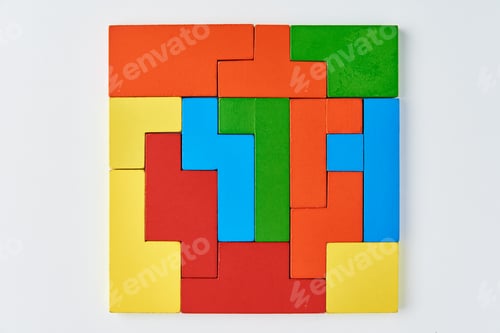 Preview: Different wooden blocks on white background. Concept of logical thinking and education