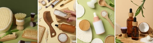 Preview: A collage of photos of accessories made of bamboo.