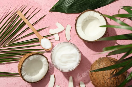 Preview: Coconut and cosmetics on pink background, top view