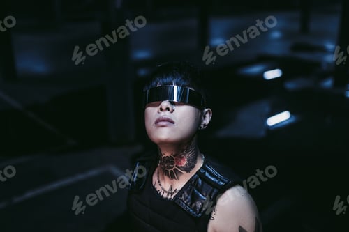 Preview: A man in special glasses looks at the light. The concept of the future.
