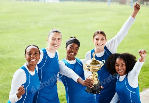 Preview: Women, friends and celebration for winning, trophy or sports team on grass field in the outdoors. H