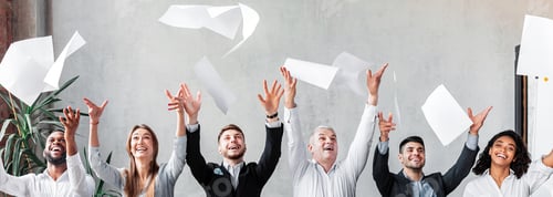 Preview: Happy Colleagues Throwing Papers Celebrating Business Success Sitting In Office