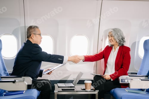 Preview: Business meeting in airplane, asian Mature businean in private jet is talking
