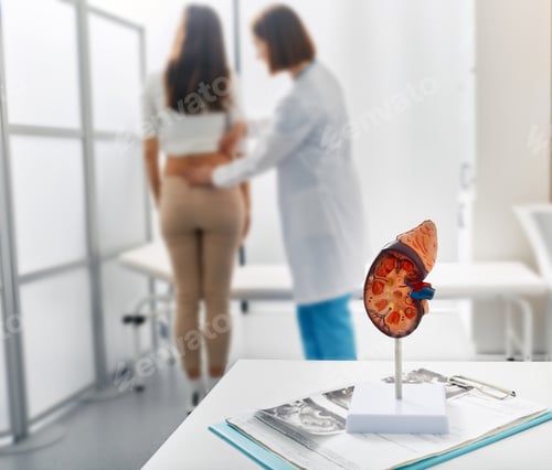 Preview: Treatment of kidney diseases at urology. Urologist palpation woman's back with kidney pain while