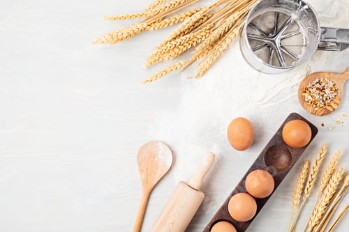 Preview: Baking ingredients and kitchen utensils flat lay. Healthy eating, home cooking, baking recipes