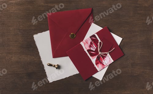 Preview: composition of holiday invitation and letter on rustic wooden table