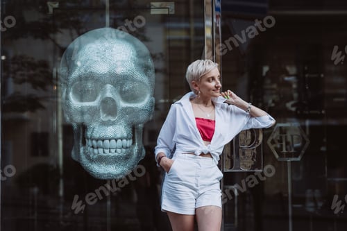 Preview: Beautiful young woman near the fashion boutique window