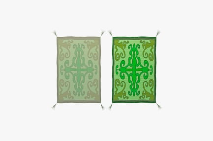 Preview: Ornate green and beige pillows with fringed edges and cross motif