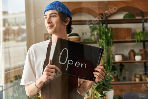 Preview: Handsome young man showcasing his plant studio while holding an open sign and wearing a blue beanie