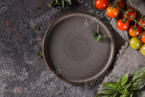 Preview: empty ceramic plate food background with basil and cherry tomatoes