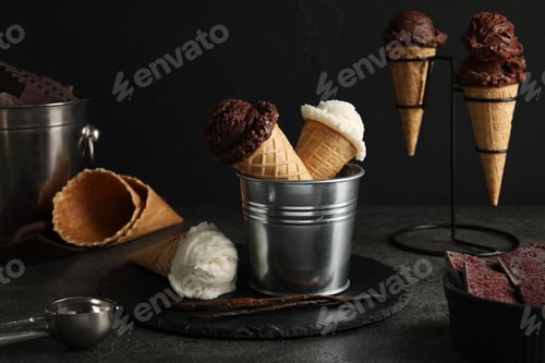 Preview: Ice cream scoops in wafer cones on gray textured table