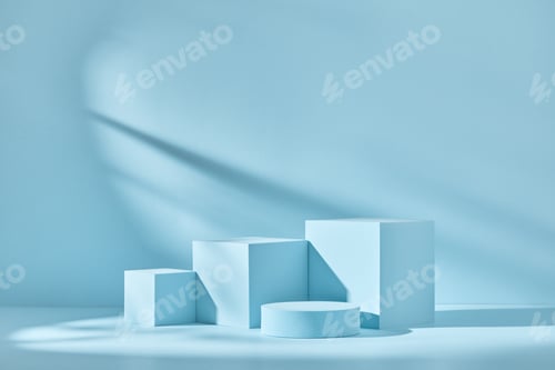 Preview: Blue background for product presentation with shadows and light. Empty podiums. Mockup.