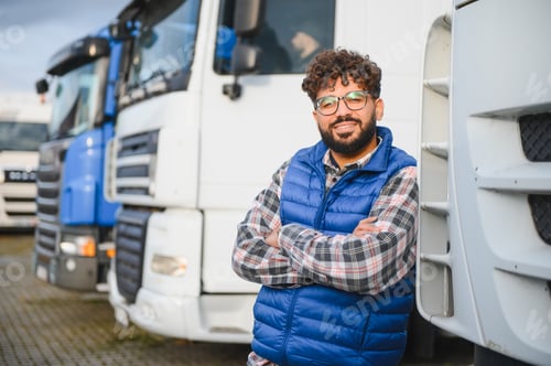 Preview: Confident male truck driver standing with crossed arms