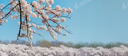 Preview: Spring banner, branches of blossoming cherry against background of blue sky on nature outdoors