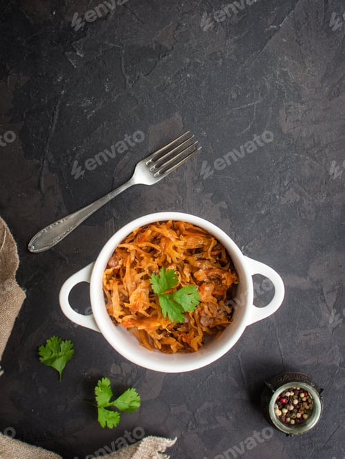 Preview: Cabbage Stew, Lentils, Spices, Vegetables (Braised Cabbage). Vegetarian Food. Top View. Copy Space