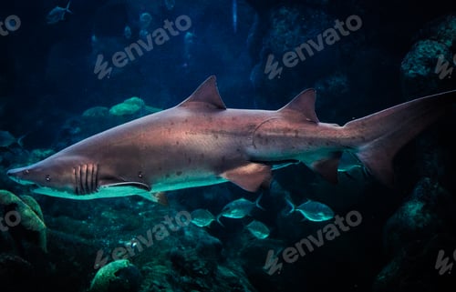 Preview: Sand tiger shark in dark ocean water