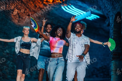 Preview: Friends dancing together at music festival, enjoying the show