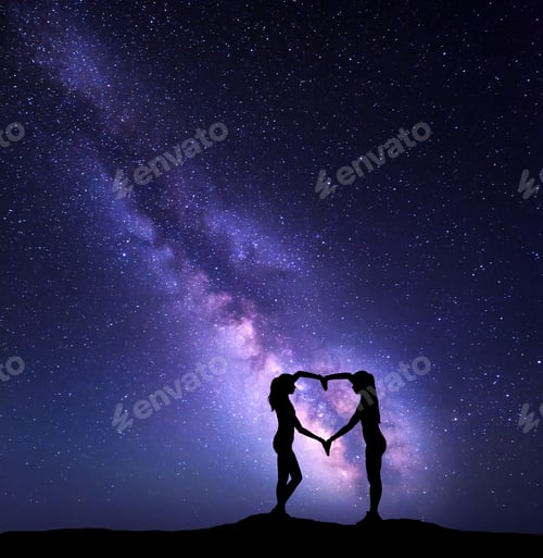 Preview: Woman and man hand silhouette over sky at sunset background