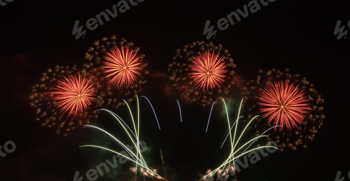Preview: Fireworks festival display at night. Variety of fireworks in celebration. Happy New Year.