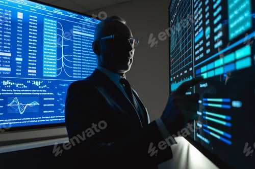 Preview: The businessman works on the big sensor display in the dark office