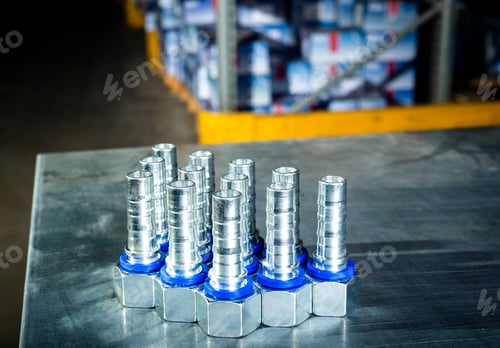Preview: Metal hydraulic fittings stands on the silver table in the warehouse