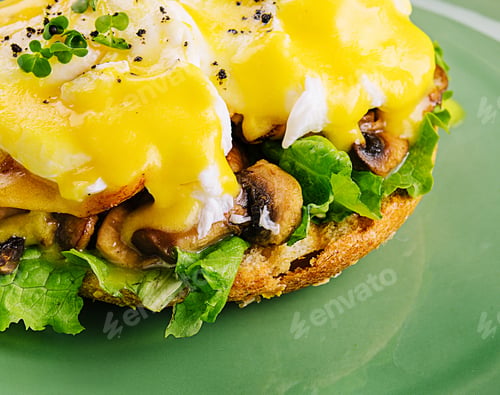 Preview: Tasty egg Benedict on green plate