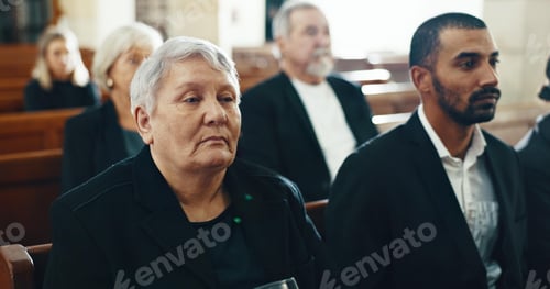 Preview: Funeral, church and people for memorial service, sermon and ceremony for death, mourning and loss.