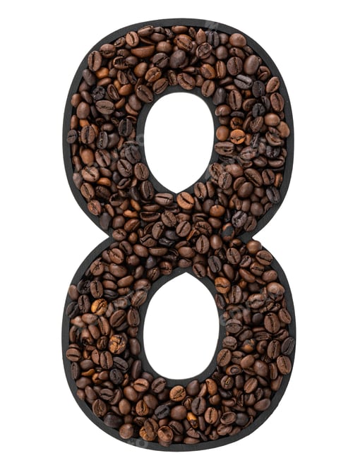 Preview: Number 8 made from roasted coffee beans on white isolated background.