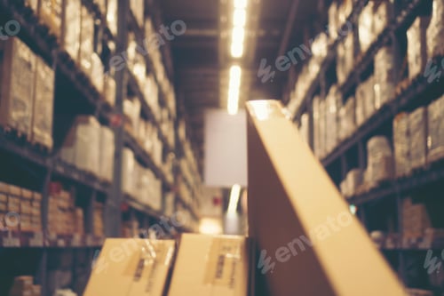 Preview: Blurred image of shelf in modern distribution warehouse or storehouse