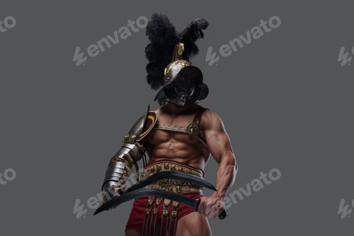 Preview: Shot of muscular gladiator with dual swords and plumed helmet
