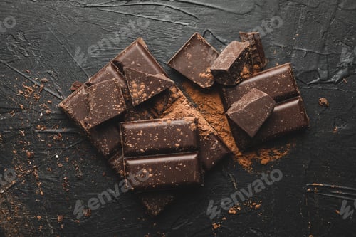 Preview: Tasty chocolate and powder on black background