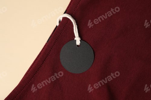 Preview: Red garment with tag on beige background, top view