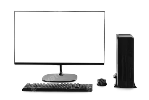 Preview: Modern computer monitor with black screen, keyboard and mouse on white background