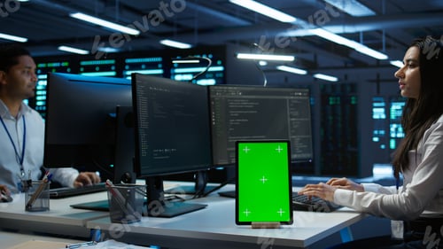 Preview: Software developer in data center monitoring security threats using mockup tablet