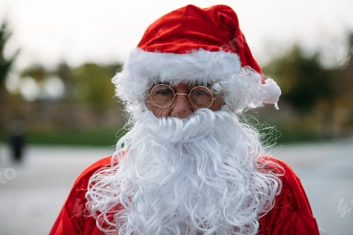 Preview: Stock photo of a Santa Claus with a serious expression in front of a public park