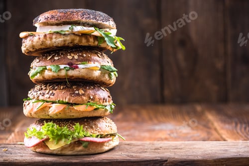 Preview: Healthy bagels tower,copy space,wooden background