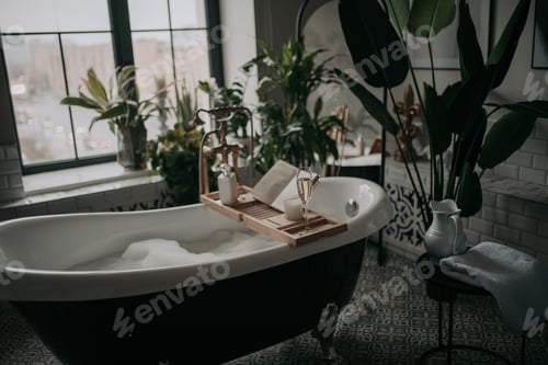 Preview: Luxurious interior bathroom in modern eco style with oval bathtub and glass of alcohol champagne
