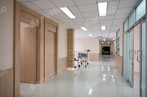 Preview: Empty hospital corridor with various rooms and trolley patient service