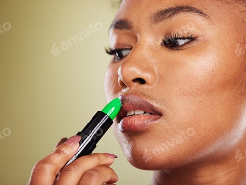 Preview: Lipstick, black woman and mouth, makeup and skincare, cosmetics and aesthetics on green studio back